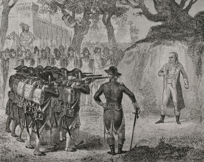 Francois de Charette (Francois Athanase Charette de La Contrie) (1763-1796). French military officer, General of the Catholic and Royal Army of Vendee. He was condemned to death and executed on 29 March 1796 at Place Viarme in Nantes. In front of the firing squad he refused to be blindfolded and commended himself to God. Death of Charette. Drawing by H. Renaud. Engraving by Barbant. ""History of the French Revolution"". Volume I, part 2, 1879.