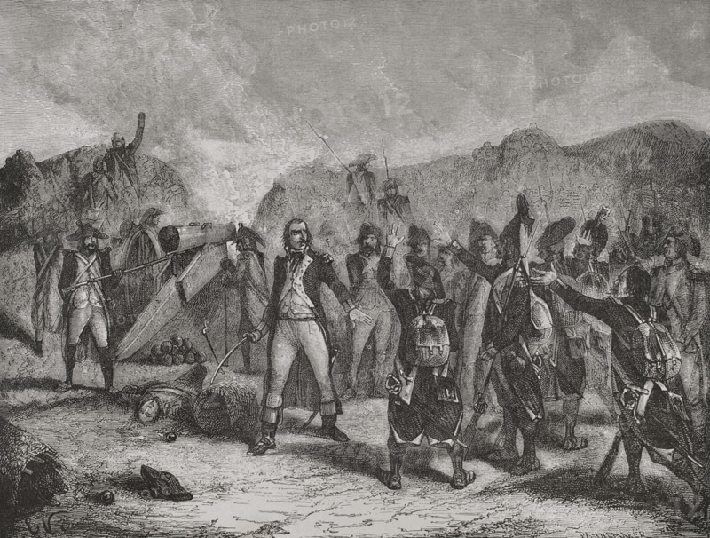 French Revolutionary Wars. War of the First Coalition (1792-1797). Italian campaigns. Battle of Montenotte (12 April 1796). The French army led by Napoleon Bonaparte defeated the Austro-Sardinian forces commanded by Eugene-Guillaume Argenteau. Engraving by Pannemaker. ""History of the French Revolution"". Volume I, part 2, 1879.