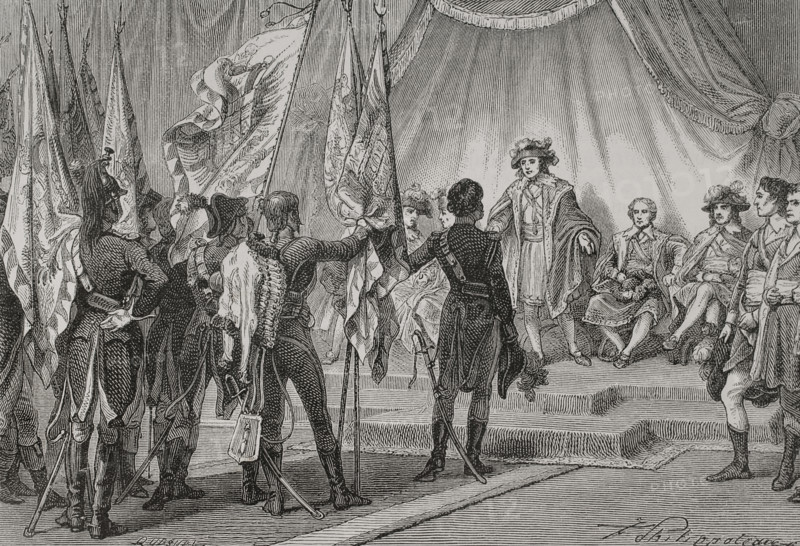 French Revolutionary Wars (1792-1802). Joachim Murat (1767-1815) presents to the Directory the flags conquered by the French revolutionary army during Napoleon's Italian campaign (1796-1797). Drawing by Philippoteaux. Engraving. ""History of the French Revolution"". Volume I, part 2, 1879.