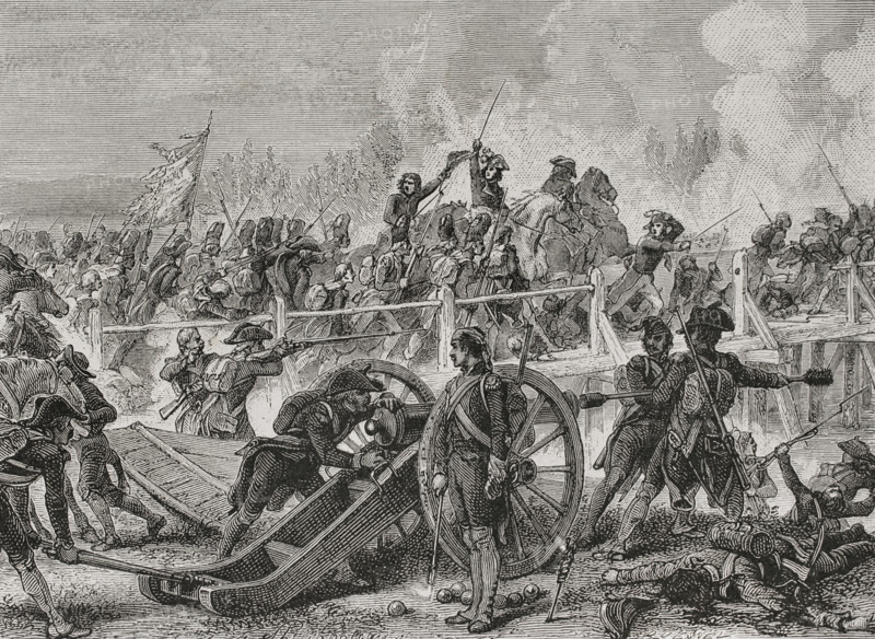 Napoleonic Wars. War of the First Coalition (1792-1797). Battle of Lodi (10 May 1796). It faced the army led by Napoleon Bonaparte against the coalition troops commanded by General Sebottendorf. Napoleon won a victory that allowed him to conquer the bridge of Lodi, on the banks of the Adda River. Lodi bridge crossing. Drawing by Philippoteaux. Engraving. ""History of the French Revolution"". Volume I, part 2, 1879.