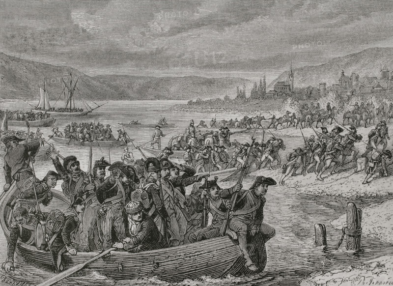 French Revolutionary Wars. French offensive on the Rhine, 1796. The main body of the French army of General Jean-Baptiste Jourdan (1762-1833) crossed the Rhine on 10 June at Neuwied to join the army of General Kleber (1753-1800). Crossing the Rhine at Neuwied. Engraving by Quesnel. ""History of the French Revolution"". Volume I, part 2, 1879.