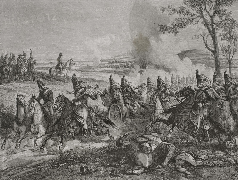 French Revolutionary Wars. War of the First Coalition (1792-1797). Italian campaigns. Battle of Castiglione (5 August 1796). The French army of Italy under General Napoleon Bonaparte defeated an Austrian army led by Feldmarschall Dagobert Sigmund von Wurmser (1724-1794), being forced to retreat to Mantua. Drawing by E. Viollat. Engraving by C. Maurand. ""History of the French Revolution"". Volume I, part 2, 1879.