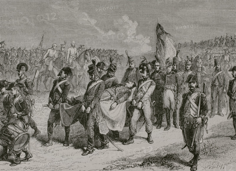Francois Severin Marceau (Francois Severin Marceau-Desgraviers) (1769-1796). French general of the Revolutionary Wars. Funeral of General Marceau, 20 September 1796. Drawing by Philippoteaux. Engraving by Quesnel. ""History of the French Revolution"". Volume I, part 2, 1879.
