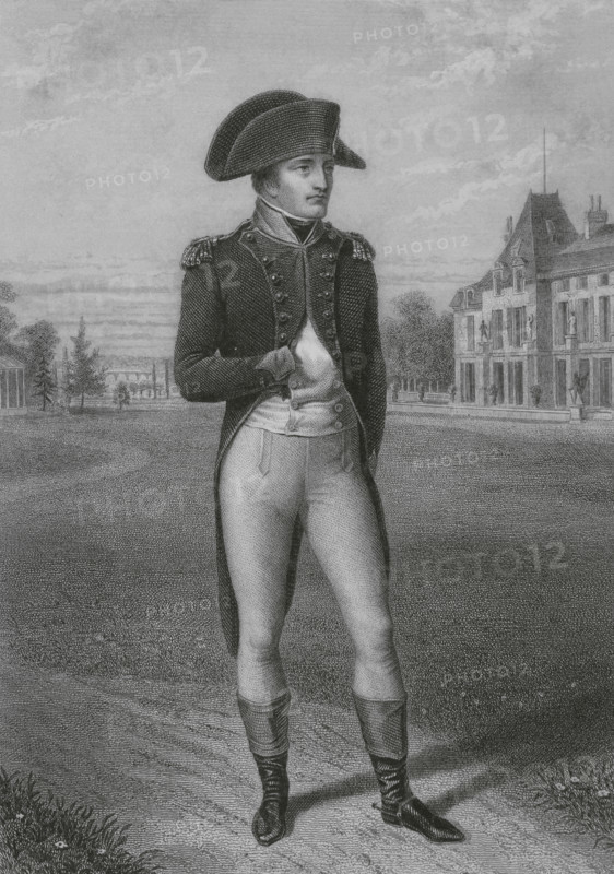 Napoleon I Bonaparte (1769-1821). Consul for Life (1802) and Emperor of the French (1804-1815). Napoleon I at Malmaison, 1802. Engraving by Geoffroy after a portrait by Jean-Baptiste Isabey. ""Histoire du Consulat et de l'Empire"" (History of the Consulate and the Empire of France under Napoleon), by A. Thiers. Volume I. Published in Paris, 1845.