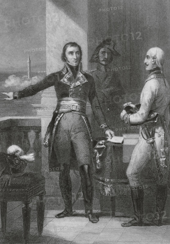Andre Massena (1758-1817). French military officer. Appointed Marshal of the Empire by Napoleon in 1804. Massena at the Siege of Genoa (6 April to 4 June 1800), negotiating with an Austrian officer. Portrait. Drawing by Eugene Charpentier. Engraving by Geoffroy. ""Histoire du Consulat et de l'Empire"" (History of the Consulate and the Empire of France under Napoleon), by A. Thiers. Volume I. Published in Paris, 1845.