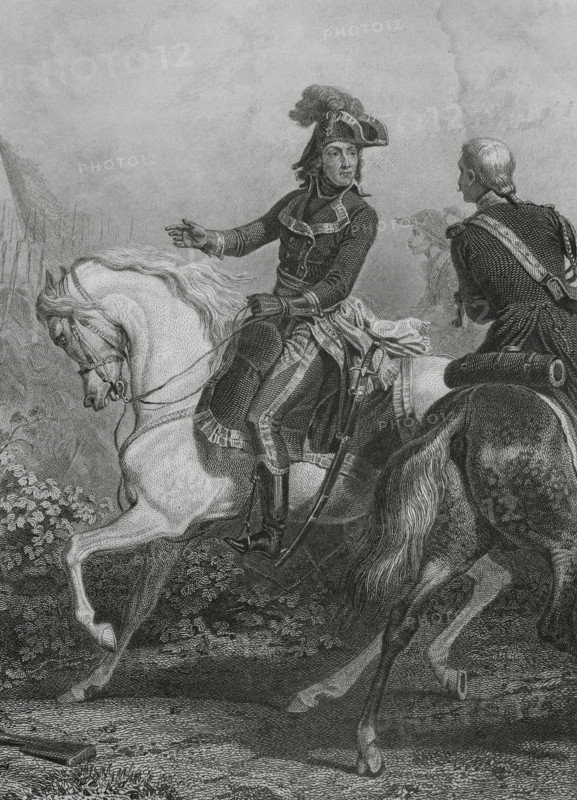 Louis Charles Antoine Desaix (1768-1800). French general. Desaix at Marengo, after coming to Napoleon's aid at the Battle of Marengo (14 June 1800). He died in the course of said battle. Drawing by Karl Girardet. Engraving by Revel. ""Histoire du Consulat et de l'Empire"" (History of the Consulate and the Empire of France under Napoleon), by A. Thiers. Volume I. Published in Paris, 1845.