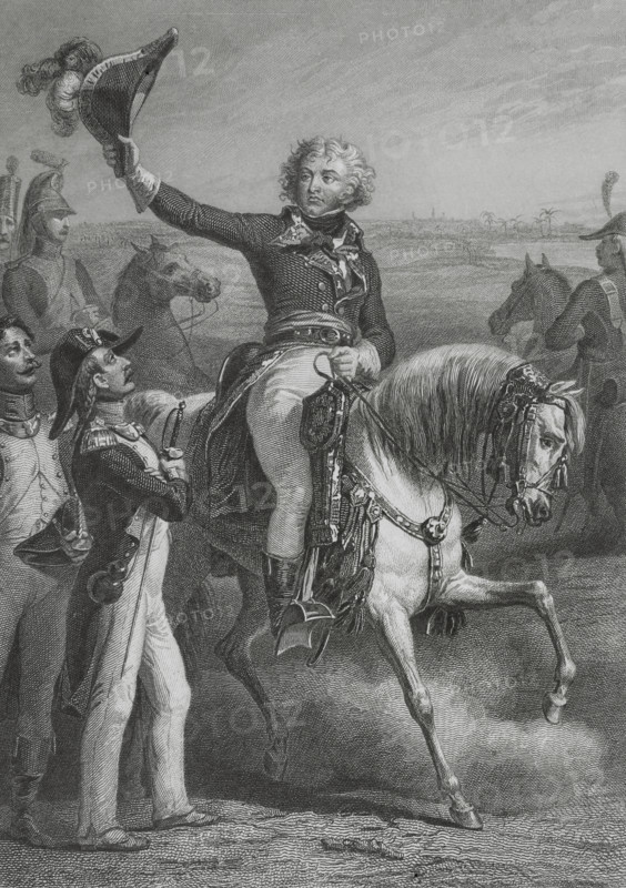 Jean-Baptiste Kleber (1753-1800). French general. He took part in the Egyptian campaign. Kleber at the Battle of Heliopolis, 20 March 1800. Drawing by Eugene Charpentier. Engraving by Vallot. ""Histoire du Consulat et de l'Empire"" (History of the Consulate and the Empire of France under Napoleon), by A. Thiers. Volume II. Published in Paris, 1847.