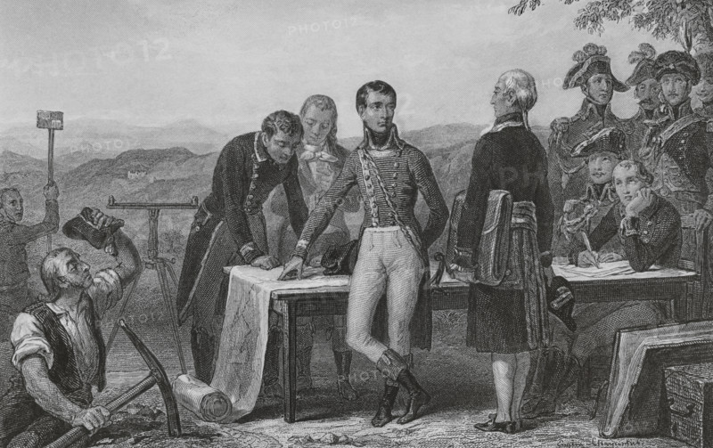 Napoleon I Bonaparte (1769-1821). Consul for Life (1802) and Emperor of the French (1804-1815). Napoleon indicating the construction site of the Canal de Saint-Quentin in 1802, according to the original plans of the military engineer Devicq. Drawing by Eugene Charpentier. Engraving by Johannes de Mare. ""Histoire du Consulat et de l'Empire"" (History of the Consulate and the Empire of France under Napoleon), by A. Thiers. Volume II. Published in Paris, 1847.