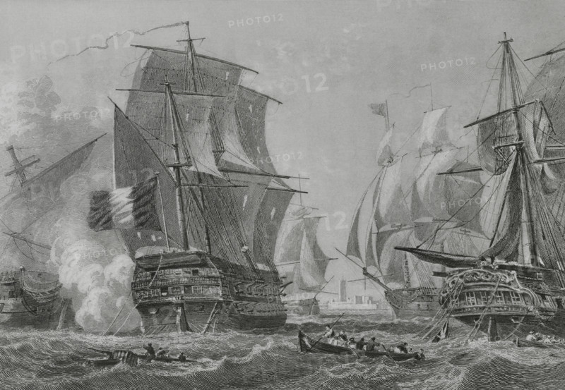 French Revolutionary Wars. Battle of Algeciras (6 July 1801). Naval battle between a squadron of British Royal Navy ships-of-the-line and a squadron of the French Navy anchored in the fortified Spanish port of Algeciras, in the Strait of Gibraltar. Combat action by Captain Amable Troude (1762-1824). Drawing by Morel Fatio. Engraving by John Outhwaite. ""Histoire du Consulat et de l'Empire"" (History of the Consulate and the Empire of France under Napoleon), by A. Thiers. Volume III. Published in Paris, 1845.