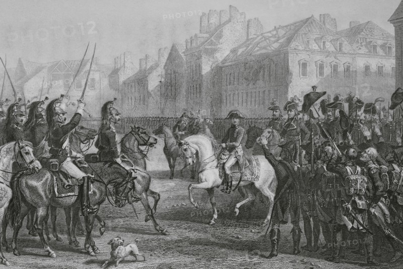 First French Republic (1792-1804). French Revolutionary Wars. Napoleon reviewing the French army in Lyon for the Egyptian campaign (Armee d'Orient). The French Directory organised a military contingent, under the command of Napoleon Bonaparte, to be deployed in Ottoman Egypt in 1798. The mission consisted of blocking Britain's route to its colonies in India. Drawing by Karl Girardet. Engraving by Rouargue. ""Histoire du Consulat et de l'Empire"" (History of the Consulate and the Empire of France under Napoleon), by A. Thiers. Volume III. Published in Paris, 1845.
