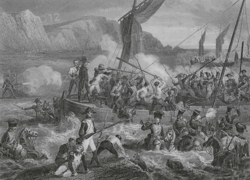 Napoleonic Wars. During 1804 and 1805, Napoleon Bonaparte gathered the Grande Armee in the French town of Boulogne (Boulogne-sur-Mer), with the goal of launching the invasion of England from there. Combat on the beach at Boulogne, 1804. Drawing by Eugene Charpentier. Engraving by Beyer. ""Histoire du Consulat et de l'Empire"" (History of the Consulate and the Empire of France under Napoleon), by A. Thiers. Volume IV. Published in Paris, 1845.