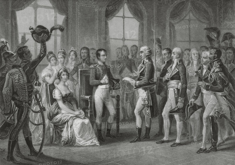 Napoleon I Bonaparte (1769-1821). Consul for Life (1802) and Emperor of the French (1804-1815). On 18 May 1804, Napoleon was proclaimed Emperor of the French at Chateau de Saint-Cloud. Scene of the proclamation ceremony. Drawing by Eugene Charpentier. Engraving by T. Goutiere. ""Histoire du Consulat et de l'Empire"" (History of the Consulate and the Empire of France under Napoleon), by A. Thiers. Volume V. Published in Paris, 1845.