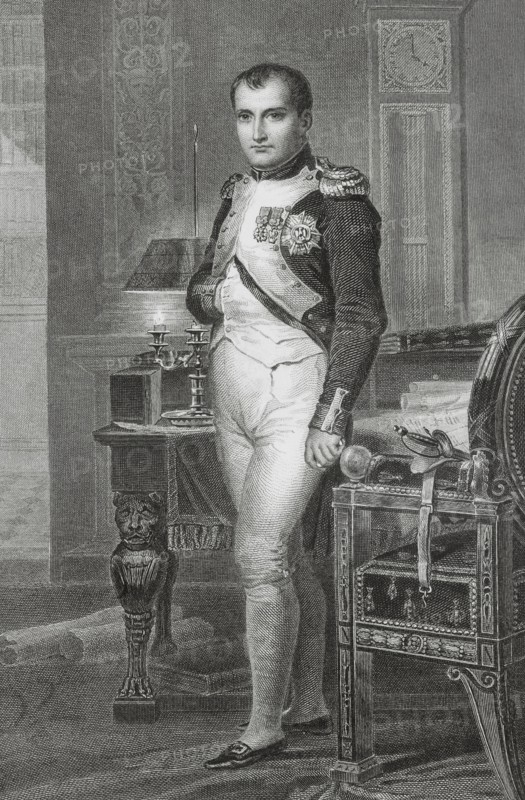 Napoleon I Bonaparte (1769-1821). Consul for Life (1802) and Emperor of the French (1804-1815). Engraving by Vallot after a portrait by Jacques-Louis David. ""Histoire du Consulat et de l'Empire"" (History of the Consulate and the Empire of France under Napoleon), by A. Thiers. Volume V. Published in Paris, 1845.