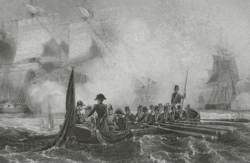 Napoleonic Wars. Napoleon facing the fire of an English frigate, 1804. Boulogne-sur-Mer, France. Drawing by Karl Girardet and Morel Fatio. Engraving by Jean Outhwaite. ""Histoire du Consulat et de l'Empire"" (History of the Consulate and the Empire of France under Napoleon), by A. Thiers. Volume V. Published in Paris, 1845.
