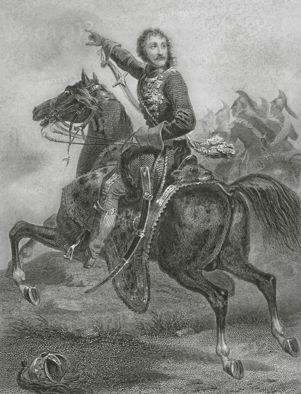 Joachim Murat (1767-1815). French political and military, King of Naples under the name of Joachim I (1808-1815). Murat at the Battle of Wertingen (8 October 1805). War of the Third Coalition. French Imperial forces led by Marshals Joachim Murat and Jean Lannes defeated a small Austrian corps commanded by Lieutenant field marshal Franz Xaver von Auffenberg. Drawing by Charpentier. Engraving by Geoffroy. ""Histoire du Consulat et de l'Empire"" by A. Thiers. Volume VI. Published in Paris, 1847.