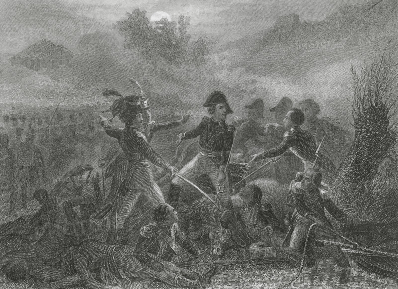 Napoleonic Wars. Marshal Edouard Mortier (1768-1835) at the Battle of Durenstein (11 November 1805), during the War of the Third Coalition. Drawing by A. Sandoz. Engraving by John Outhwaite. ""Histoire du Consulat et de l'Empire"" (History of the Consulate and the Empire of France under Napoleon), by A. Thiers. Volume VI. Published in Paris, 1847.