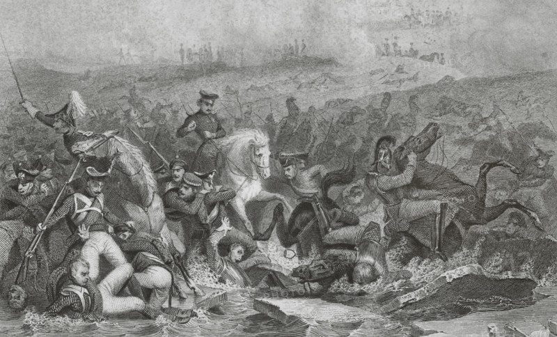 Battle of Austerlitz or Battle of the Three Emperors (2nd December 1805). Part of War of the Third Coalition (Napoleonic Wars). The French army of Napoleon I defeated the Russo-Austrian forces of Tsar Alexander I and the Austrian Emperor Francis I. Drawing by Karl Girardet. Engraving by Paul Girardet. ""Histoire du Consulat et de l'Empire"" (History of the Consulate and the Empire of France under Napoleon), by A. Thiers. Volume VI. Published in Paris, 1847.
