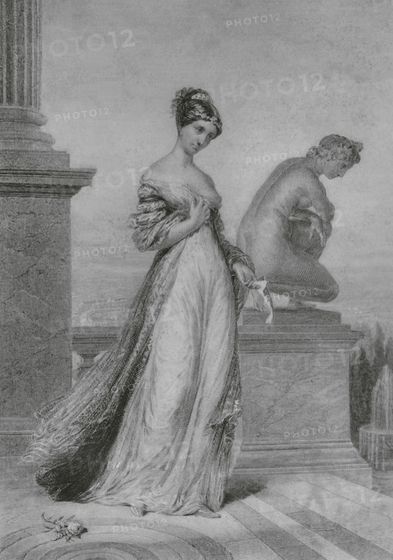 Pauline Bonaparte (Maria Paoletta Buonaparte) (1780-1825), also known as Paulina Borghese. French princess, sister of Napoleon Bonaparte. Portrait. Drawing by A. Sandoz. Engraving by Pannier. ""Histoire du Consulat et de l'Empire"" (History of the Consulate and the Empire of France under Napoleon), by A. Thiers. Volume VI. Published in Paris, 1847.
