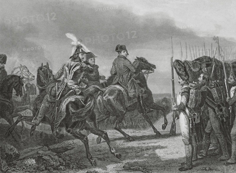 Battle of Jena (14 October 1806). The French army under Napoleon defeated the Prussian troops commanded by Frederick William III of Prussia. Napoleon I at the Battle of Jena. Napoleon reviewing the Imperial Guard. The scene depicts Napoleon attending to the salute of a Grenadier of the Imperial Guard. Murat is shown riding behind him. Drawing by Edouard Girardet after the painting by Horace Vernet. Engraving by Paul Girardet. ""Histoire du Consulat et de l'Empire"" (History of the Consulate and the Empire of France under Napoleon), by A. Thiers. Volume VII. Published in Paris, 1847.