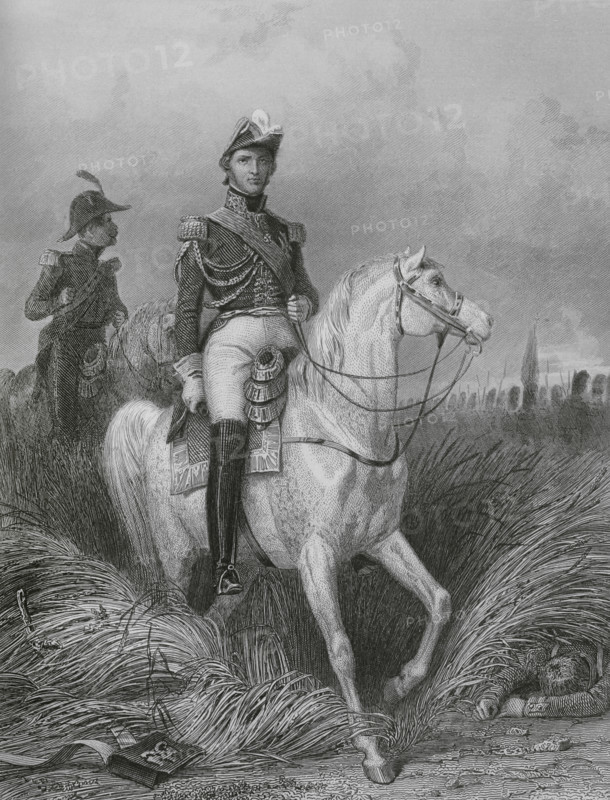 Louis-Nicolas Davout (1770-1823). French military officer and Marshal of the Empire in 1804. Duke of Auerstaedt and Prince of Eckmuhl. Equestrian portrait. Drawing by Karl Girardet. Engraving by Paul Girardet. ""Histoire du Consulat et de l'Empire"" (History of the Consulate and the Empire of France under Napoleon), by A. Thiers. Volume VII. Published in Paris, 1847.
