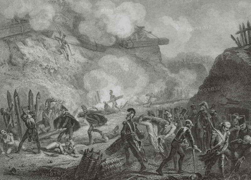 Napoleonic Wars. War of the Fourth Coalition. Siege of Danzig (19 March to 24 May 1807). The French army under Marshal Lefebvre encircled the Prussian troops commanded by Marshal Kalckreuth, which were garrisoning the town of Danzig. Works during the siege. Drawing by Eugene Charpentier. Engraving by Beyer and John Outhwaite. ""Histoire du Consulat et de l'Empire"" (History of the Consulate and the Empire of France under Napoleon), by A. Thiers. Volume VII. Published in Paris, 1847.