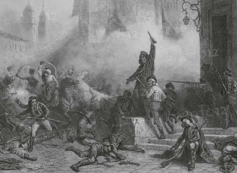 Peninsular War (1808-1814). Dos de Mayo Uprising, 1808. Insurrection of the people of Madrid. Drawing by Karl Girardet. Engraving by Paul Girardet. ""Histoire du Consulat et de l'Empire"" (History of the Consulate and the Empire of France under Napoleon), by A. Thiers. Volume VIII. Published in Paris, 1849.