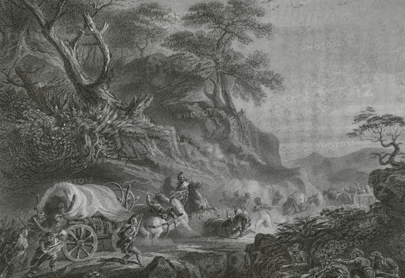 Spanish War of Independence (1808-1814). French troops under the command of General Dupont found it very difficult to occupy the Sierra Morena area (Andalusia, Spain). Spanish guerrilla fighters storm on a French supply convoy in the passes of Sierra Morena (Andalusia, Spain). Drawing by Auguste Sandoz. Engraving by Outhwaite. ""Histoire du Consulat et de l'Empire"" (History of the Consulate and the Empire of France under Napoleon), by A. Thiers. Volume IX. Published in Paris, 1849.