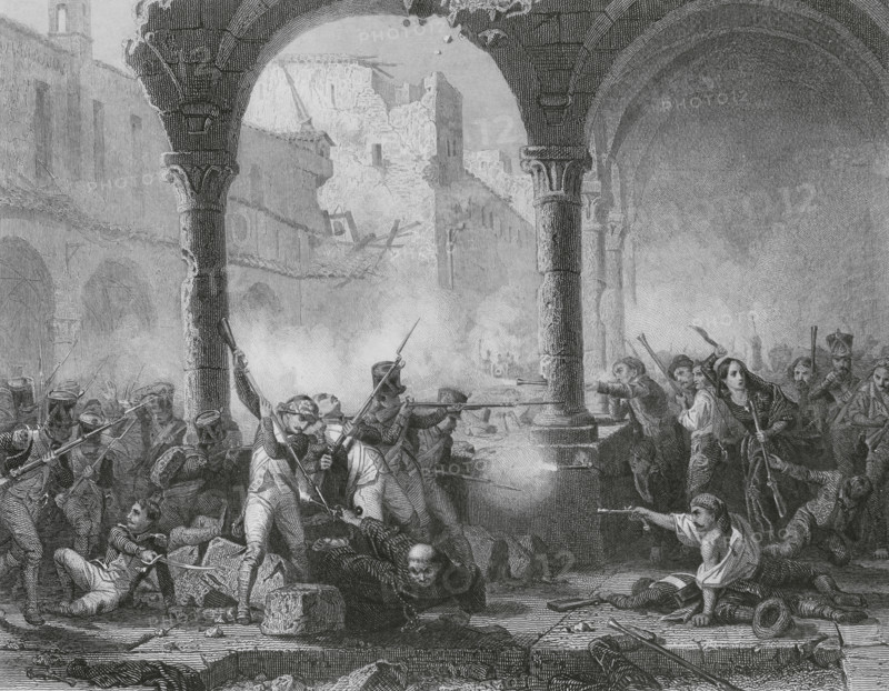 Spanish War of Independence (1808-1814). First Siege of Zaragoza (15 June to 14 August 1808). Taking of the Capuchin Convent by the French army (2 August 1808). Drawing by Karl Girardet. Engraving by Paul Girardet. ""Histoire du Consulat et de l'Empire"" (History of the Consulate and the Empire of France under Napoleon), by A. Thiers. Volume IX. Published in Paris, 1849.