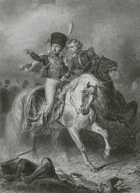 Eugene de Beauharnais (1781-1824). Member of the French royal family, first-born son of the marriage between Josephine de Beauharnais and Viscount Alexandre de Beauharnais, stepson of Napoleon. Prince of Venice. Military commander who served during the French Revolutionary Wars and the Napoleonic Wars. Portrait. Drawing by A. Sandoz. Engraving by John Outhwaite. ""Histoire du Consulat et de l'Empire"" (History of the Consulate and the Empire of France under Napoleon), by A. Thiers. Volume X. Published in Paris, 1851.