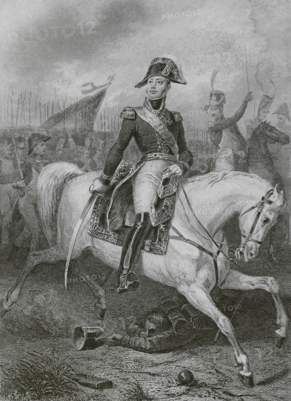 Etienne Macdonald (Etienne-Jacques-Joseph-Alexandre Macdonald) (1765-1840). French general. Marshal of the Empire since 1809. Equestrian portrait. Drawing by Eugene Charpentier. Engraving by Paul Girardet. ""Histoire du Consulat et de l'Empire"" (History of the Consulate and the Empire of France under Napoleon), by A. Thiers. Volume X. Published in Paris, 1851.