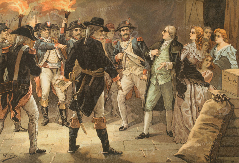 French Revolution. Flight to Varennes (20-21 June 1791). Arrest of King Louis XVI (1754-1793) and his family at Varennes on 21 June 1791, as he tried to reach the Royalist stronghold of Montmedy. He returned under custody to Paris, swearing allegiance to the constitution, which recognised him as a monarch with limited powers. Chromolithography by Vicente Gine. ""Los Girondinos"" (Revolucion Francesa) (The Girondins, French Revolution), by A. de Lamartine. Volume I. Published in Barcelona, 1904.