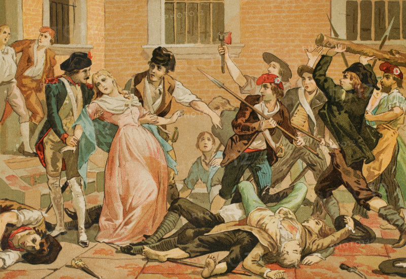 French Revolution. September Massacres (2 to 6 September 1792). The revolutionaries executed mass murders among the prison population all over France, mainly in Paris. Murder of the Princesse de Lamballe (Marie Therese Louise of Savoy) (1749-1792), 3 September 1792. Chromolithography. ""Los Girondinos"" (Revolucion Francesa) (The Girondins, French Revolution), by A. de Lamartine. Volume I. Published in Barcelona, 1904.