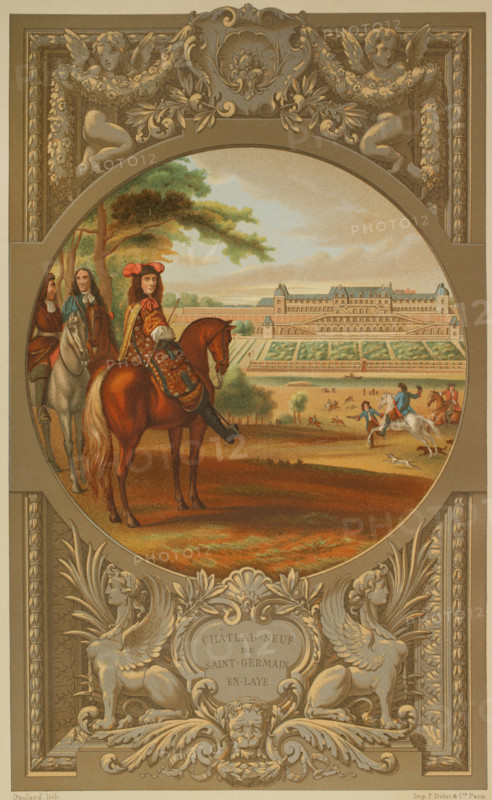 Louis XIV, known as ""the Sun King"" (1638-1715). King of France (1643-1715). Louis XIV, next to Turenne, taking part in a bird hunting, with a view of Chateau-Neuf (royal residence between 1659 and 1680) and the terraces of Saint-Germain-en-Laye, in 1669. Lithograph by Gaulard based on a painting by Flemish painter Adam Frans van der Meulen (1632-1690). Chromolithography. XVIIme siecle: lettres, sciences et arts, France 1590-1700 (17th century: letters, sciences and arts), by Paul Lacroix. Published in Paris by Librairie de Firmin-Didot et Cie, 1882.