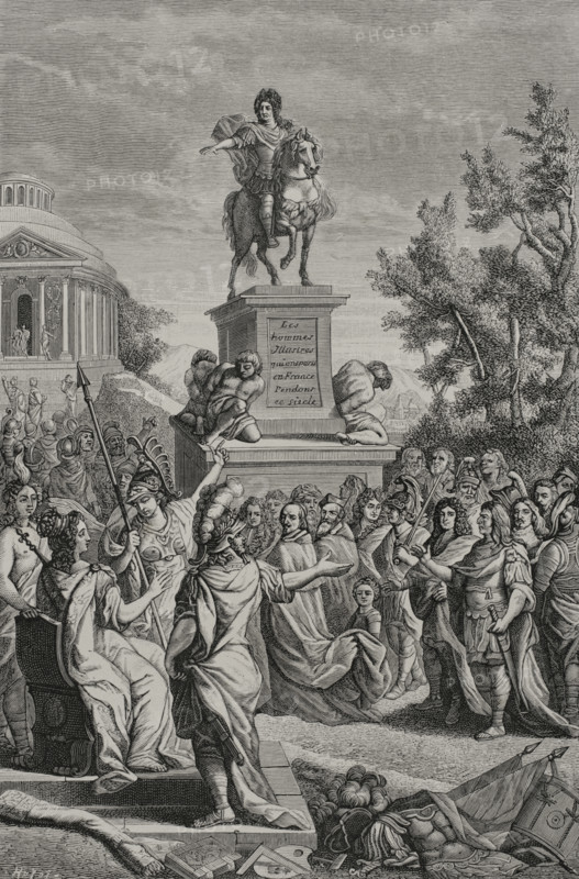 Le Ciel en sa faueur forma tant de grands hommes"" (Heaven in his favor formed so many great men). Engraving by Huyot after Gerard Edelinck (1640-1707). Illustration for the frontispiece of Charles Perrault's (1628-1703) work ""Les Hommes Illustres qui ont paru en France pendant ce siecle"" (The Illustrious Men who appeared in France during this century), published in Paris, chez Antoine Dezallier, 1696. XVIIme siecle: lettres, sciences et arts, France 1590-1700 (17th century: letters, sciences and arts), by Paul Lacroix. Published in Paris by Librairie de Firmin-Didot et Cie, 1882.