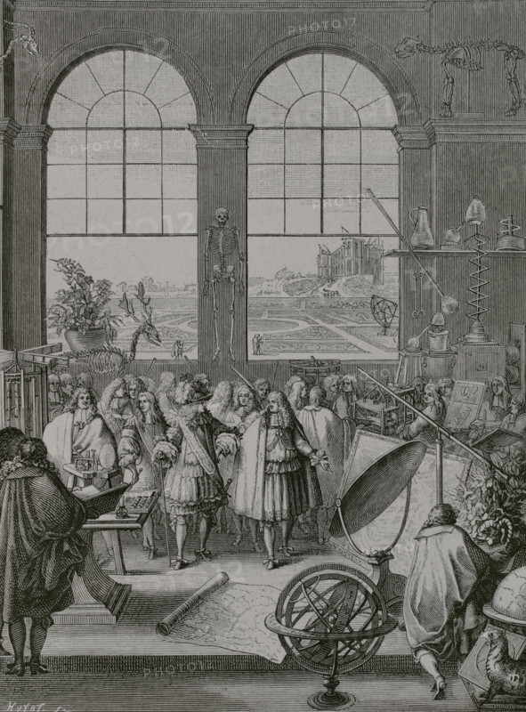 Paris, France. King Louis XIV (1638–1715) and his entourage visiting the French Royal Academy of Sciences, created in 1666. In the background the Paris Observatory, founded in 1667, still under construction. Engraving by Huyot after Sebastien Leclerc (1637-1714). XVIIme siecle: lettres, sciences et arts, France 1590-1700 (17th century: letters, sciences and arts), by Paul Lacroix. Published in Paris by Librairie de Firmin-Didot et Cie, 1882.