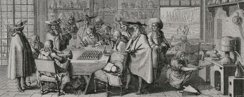 Paris, France. Academy session in the Jardin du Roi (Jardin des plantes). It was created in 1626. Engraving by Huyot after Sebastien Leclerc (1637-1714). XVIIme siecle: lettres, sciences et arts, France 1590-1700 (17th century: letters, sciences and arts), by Paul Lacroix. Published in Paris by Librairie de Firmin-Didot et Cie, 1882.