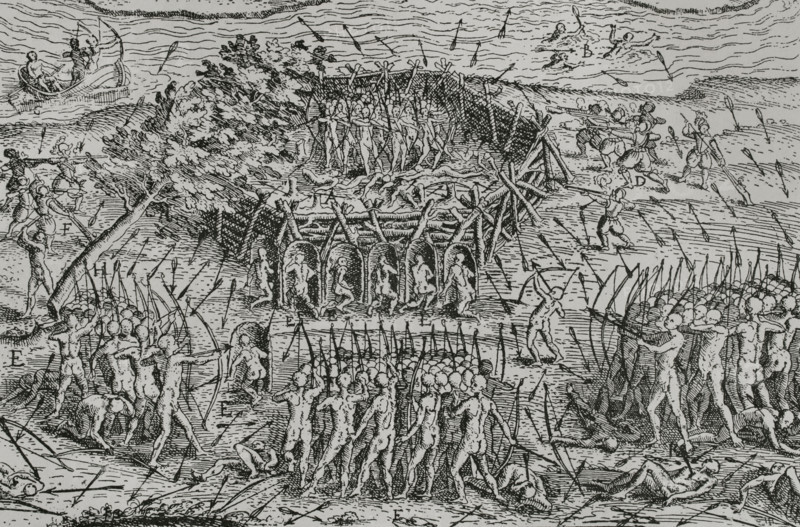 French troops under Samuel de Champlain (c. 1567-1635), fighting alongside allied native tribes during an attack on an Iroquois fort in 1609. Engraving. ""Les voyages du Sieur de Champlain, Xaintongenois, capitaine ordinaire pour le Roy, en la marine"". Paris, chez Jean Berjon, 1613. XVIIme siecle: lettres, sciences et arts, France 1590-1700 (17th century: letters, sciences and arts), by Paul Lacroix. Published in Paris by Librairie de Firmin-Didot et Cie, 1882.