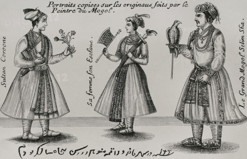 Jahangir (Nur-ud-din Muhammad Salim) (1569-1627). Sultan of Hindustan. Fourth Mughal Emperor (1605-1627). Emperor Jahangir (right), his wife and his son, Prince Khurram (1592-1666), (left), afterwards Emperor Shah Jahan (1628-1658). Engraving. ""Relations de divers voyages curieux"" by French writer and orientalist Melchisedech Thevenot (1620-1692). XVIIme siecle: lettres, sciences et arts, France 1590-1700 (17th century: letters, sciences and arts), by Paul Lacroix. Published in Paris by Librairie de Firmin-Didot et Cie, 1882.