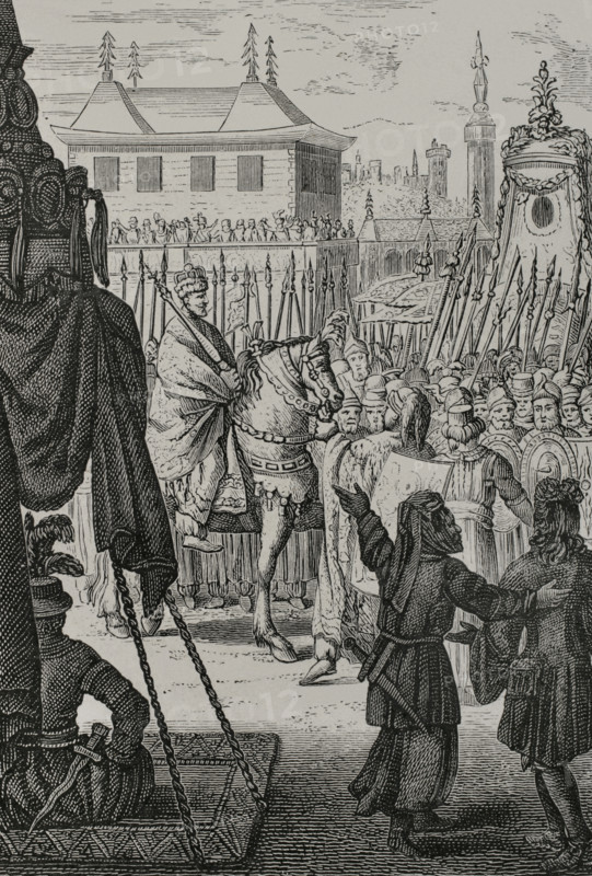 Illustration for the frontispiece of ""Voyages"" by French physician and traveller Francois Bernier (1620-1688). Stay in the East: twelve years in India at the court of Mughal emperor Aurangzeb (1618-1707). Engraving. Edition published in Amsterdam, 1679. XVIIme siecle: lettres, sciences et arts, France 1590-1700 (17th century: letters, sciences and arts), by Paul Lacroix. Published in Paris by Librairie de Firmin-Didot et Cie, 1882.