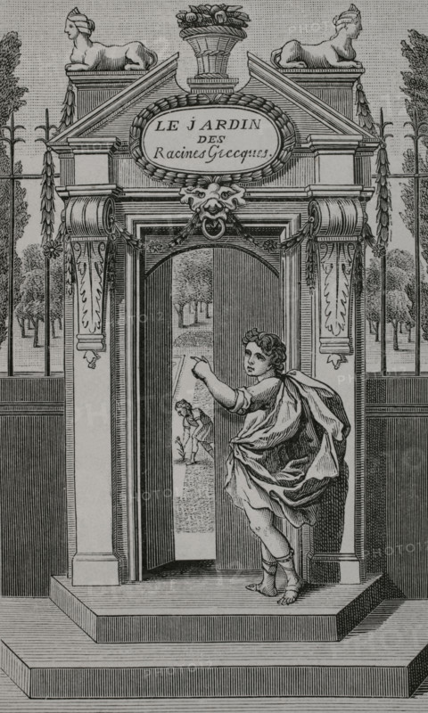 Illustration for the frontispiece of ""Le Jardin des racines grecques"" (The Garden of Greek Roots) by Claude Lancelot (c. 1615-1695). It consists of a treatise on prepositions and other indeclinable particles, and an alphabetical collection of French words of Greek origin. Engraving. Paris, Pierre Le Petit, 1657. XVIIme siecle: lettres, sciences et arts, France 1590-1700 (17th century: letters, sciences and arts), by Paul Lacroix. Published in Paris by Librairie de Firmin-Didot et Cie, 1882.