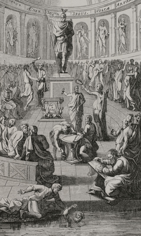 Histoire de l'origine et des progrez de la monarchie francaise suivant l'ordre des temps..."" (History of the Origin and Progress of the French Monarchy, according to the Order of Time), authored by French chronologist Guillaume Marcel (1647-1708). Autel de Lyon (Sanctuary of the Three Gauls), ancient Roman temple erected in Lugdunum (now Lyon, France) in honour of Augustus, 12 BC. Engraving. Published in Paris by Denys Thierry in 1686. XVIIme siecle: lettres, sciences et arts, France 1590-1700 (17th century: letters, sciences and arts), by Paul Lacroix. Published in Paris by Librairie de Firmin-Didot et Cie, 1882.
