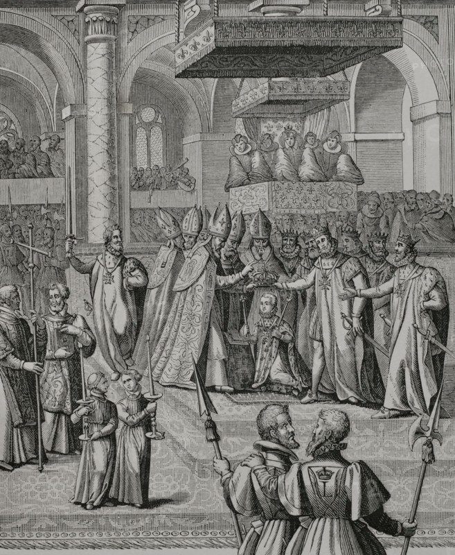 Louis XIII ""the Just"" (1601-1643). King of France and Navarre (1610-1643). Coronation of Louis XIII in Reims Cathedral on 17 October 1610. Detail of an engraving by Pierre Firens (1580-1638) after Francois Quesnel (c. 1543-1619). Les Blasons des Armes de la Royale Maison de Bourbon by Gilles-Andre de La Roque (1598-1686). Paris, 1626. XVIIme siecle: lettres, sciences et arts, France 1590-1700 (17th century: letters, sciences and arts), by Paul Lacroix. Published in Paris by Librairie de Firmin-Didot et Cie, 1882.