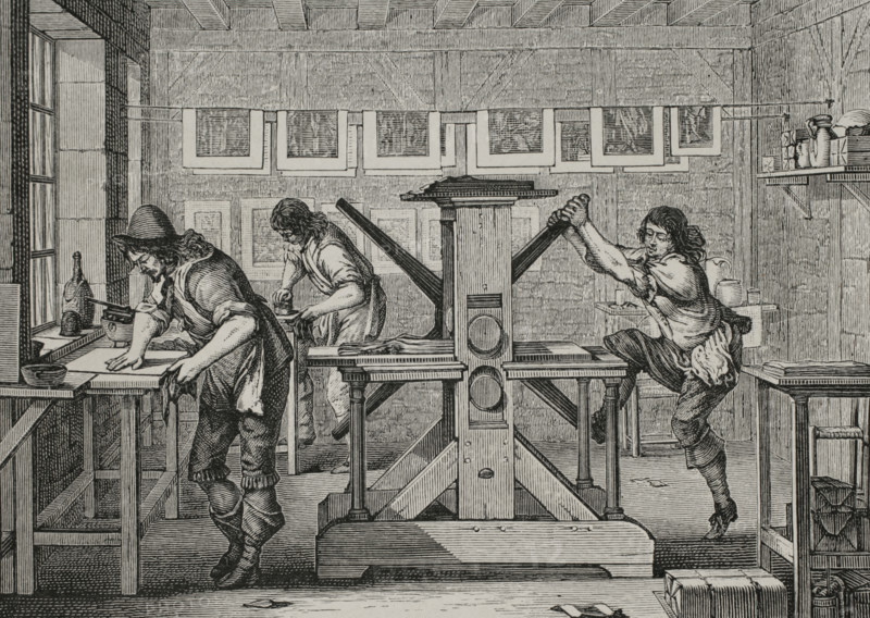 Workshop of an engraver. France. Engraving by Abraham Bosse (h. 1604-1676), 1642. XVIIme siecle: lettres, sciences et arts, France 1590-1700 (17th century: letters, sciences and arts), by Paul Lacroix. Published in Paris by Librairie de Firmin-Didot et Cie, 1882.