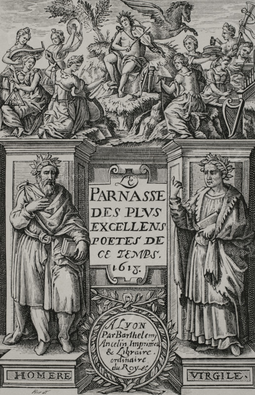 Le Parnasse des plus excellents poetes de ce temps"". Anthology of French poetry. Illustration for the frontispiece of volume I. At the top, Apollo is depicted surrounded by the nine muses. At the bottom, Homer (left) and Virgil (right) flank the cartouche. Lyon, Barthelemy Ancelin, 1618. Engraving by Leonard Gaultier (1561-1641). XVIIme siecle: lettres, sciences et arts, France 1590-1700 (17th century: letters, sciences and arts), by Paul Lacroix. Published in Paris by Librairie de Firmin-Didot et Cie, 1882.