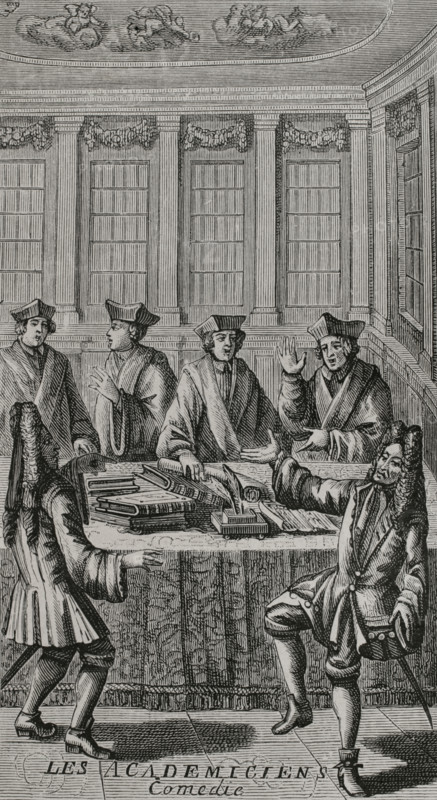 Les Academiciens"". Comedy in verse by French writer Charles de Saint-Evremond (1614-1703), composed between 1637 and 1638. Engraving from ""Oeuvres de Monsieur de Saint-Evremond"". Amsterdam, Pierre Mortier, 1706. XVIIme siecle: lettres, sciences et arts, France 1590-1700 (17th century: letters, sciences and arts), by Paul Lacroix. Published in Paris by Librairie de Firmin-Didot et Cie, 1882.