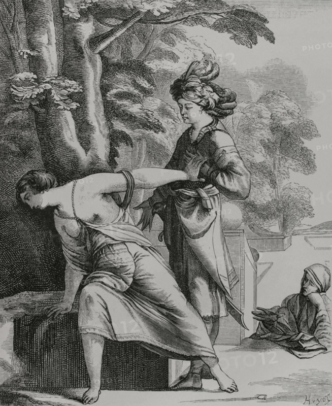 Panthee"". Tragedy in five acts in verse by French playwright Tristan L'Hermite (1601-1655). It was created during the winter of 1637 to 1638 at the Theatre du Marais in Paris and printed in 1639. Araspe declaring his passion to Panthee. Engraving by Huyot after a painting by Laurent de La Hyre (1606-1656), for the frontispiece of the tragedy, engraved by Pierre Daret (1604-1678). Paris, chez Augustin Courbe, 1639. XVIIme siecle: lettres, sciences et arts, France 1590-1700 (17th century: letters, sciences and arts), by Paul Lacroix. Published in Paris by Librairie de Firmin-Didot et Cie, 1882.