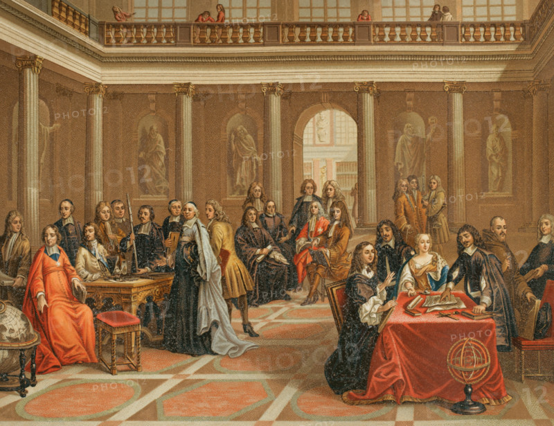 Rene Descartes (1596-1650) conducting a demonstration to court of Queen Christina of Sweden (1626-1689). Illustration after the painting by Pierre-Louis Dumesnil the Younger (1698-1781). Lithograph by Nerdmann. Chromolithography. XVIIme siecle: lettres, sciences et arts, France 1590-1700 (17th century: letters, sciences and arts), by Paul Lacroix. Published in Paris by Librairie de Firmin-Didot et Cie, 1882.