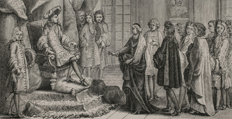 Members of the Academie Francaise (French Academy) presenting King Louis XIV (1638-1715) with the first complete edition of the Dictionnaire de l'Academie francaise (Dictionary of the French Academy) on 24 August 1694. It was the first official dictionary of the French language. Engraving by Jean Mariette (1660-1742) after Jean-Baptiste Corneille (1649-1695). XVIIme siecle: lettres, sciences et arts, France 1590-1700 (17th century: letters, sciences and arts), by Paul Lacroix. Published in Paris by Librairie de Firmin-Didot et Cie, 1882.