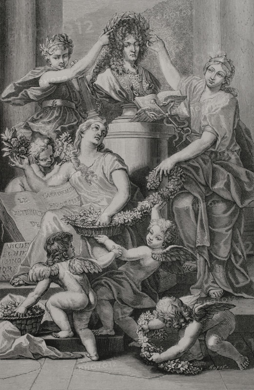 Illustration for the frontispiece of the Dictionnaire de l'Academie francaise (Dictionary of the French Academy), the first official dictionary of the French language, completed by the French Academy in 1694. King Louis XIV (1638-1715) is crowned with a garland while the ""Dictionary of the French Academy"" is celebrated with flowers by three women aided by genii. Engraving by Huyot after the drawing of Jean-Baptiste Corneille (1649-1695), engraved by Jean Mariette (1660-1742) and Gerard Edelinck (1640-1707). XVIIme siecle: lettres, sciences et arts, France 1590-1700 (17th century: letters, sciences and arts), by Paul Lacroix. Published in Paris by Librairie de Firmin-Didot et Cie, 1882.