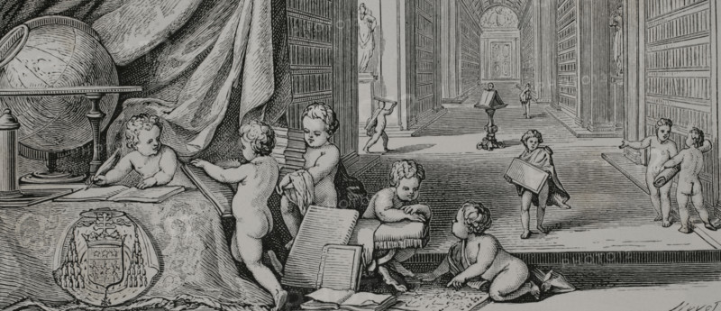 Bibliotheca Telleriana, sive Catalogus librorum bibliothecae illustrissimi ac reverendissimi D.D. Caroli Marutii le Tellier, archiepiscopi ducis Remensis. Library of Charles Maurice Le Tellier (1642-1710), Archbishop of Reims. Engraving by Huyot after Sebastien Leclerc (1637-1714). Paris, 1693. XVIIme siecle: lettres, sciences et arts, France 1590-1700 (17th century: letters, sciences and arts), by Paul Lacroix. Published in Paris by Librairie de Firmin-Didot et Cie, 1882.